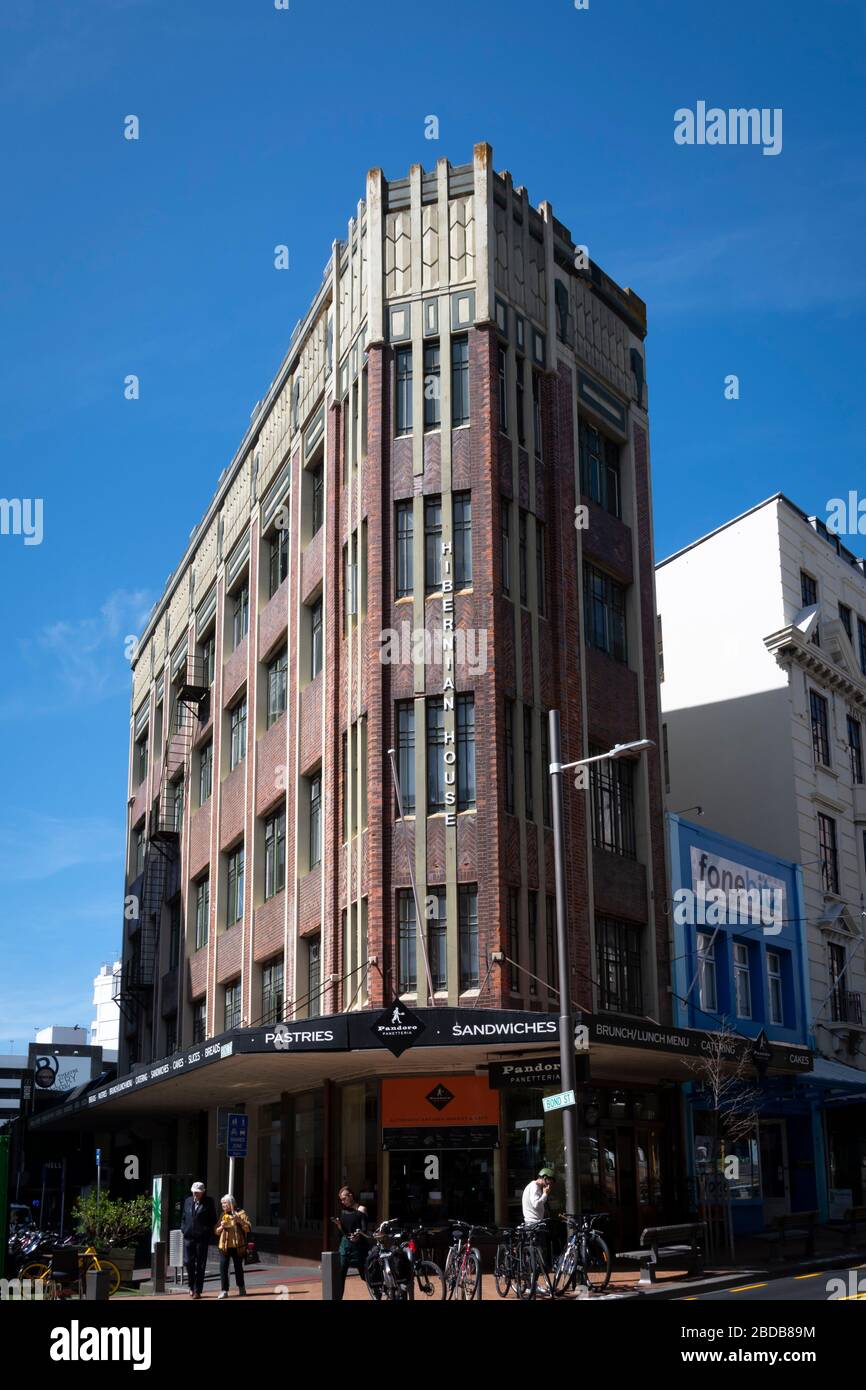 Hibernian-Gebäude, ehemaliges Nimmo-Gebäude, im Art Deco-Stil, Wellington, Neuseeland Stockfoto
