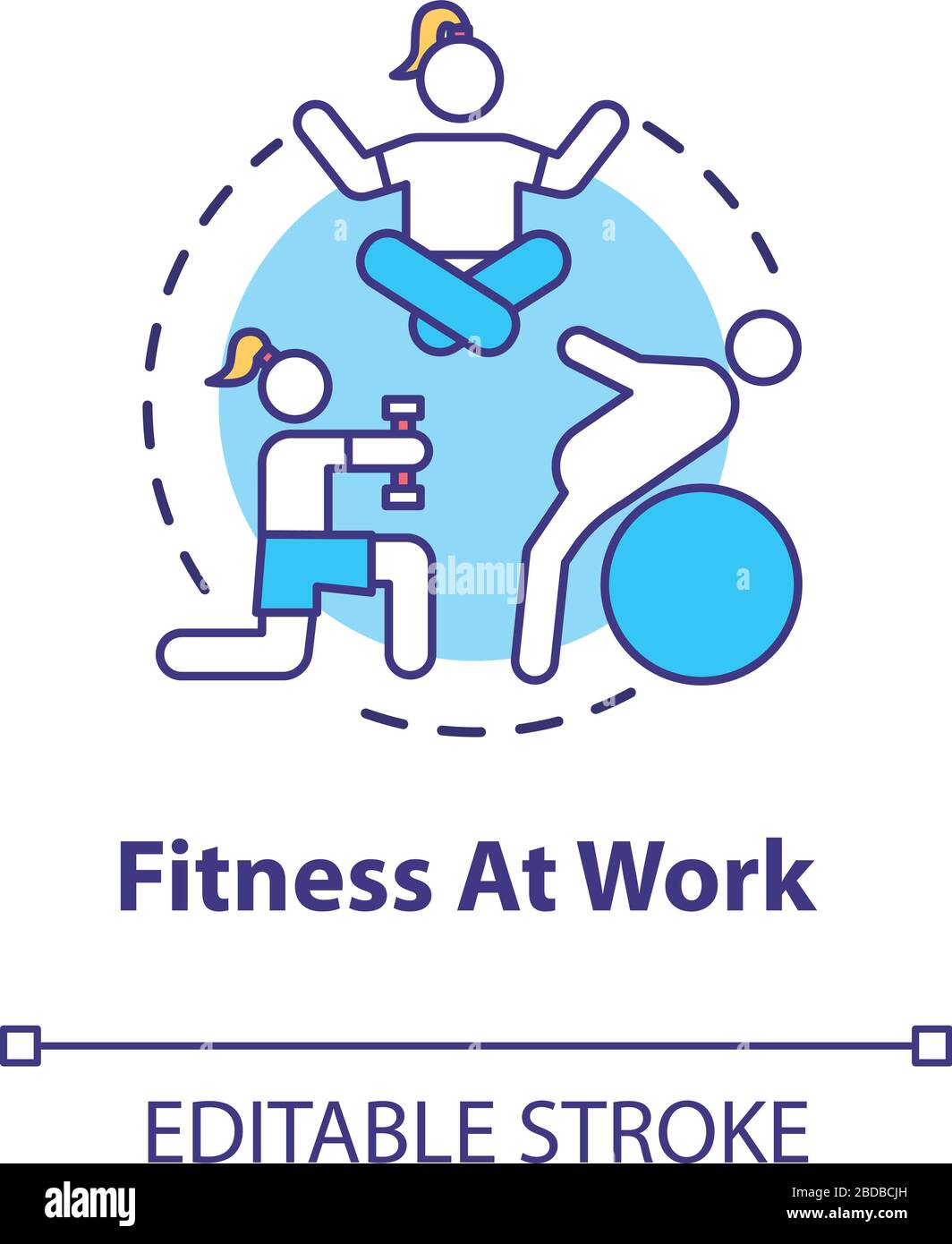 Symbol "Fitness am Arbeitsplatz". Gesunder Lebensstil. Frau, die bei der Arbeit trainiert. Körperliche Schmerzlinderung. Vermeiden Sie eine dünne Linienabbildung der Grundidee. Vektor Stock Vektor