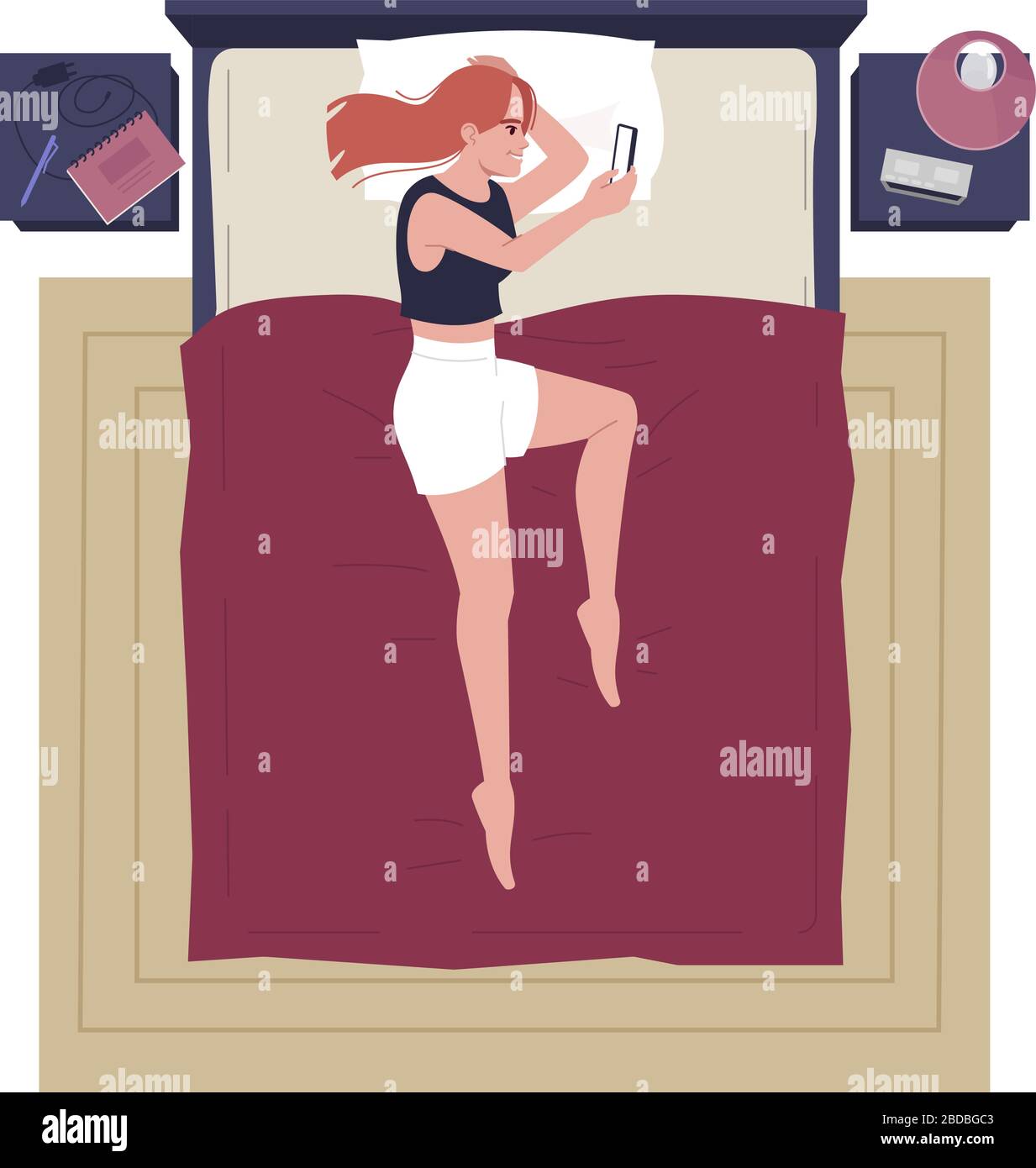 Junge Frau allein im Bett liegend, mit halbflacher RGB-Farbvektorillustration für Mobiltelefone. Schöne Dame im Schlafzimmer chatten mit Telefon Draufsicht Stock Vektor