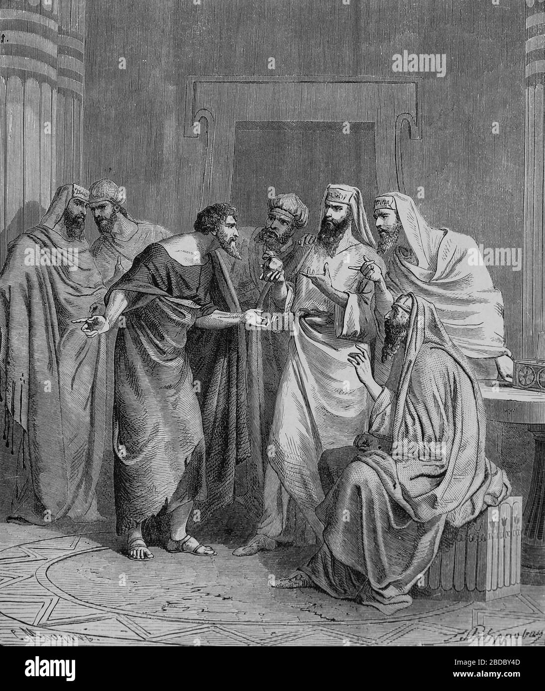 Neues Testamente. Judas Iscariot macht ein Schnäppchen mit den Priestern. Gravur, 19. Jahrhundert. Stockfoto