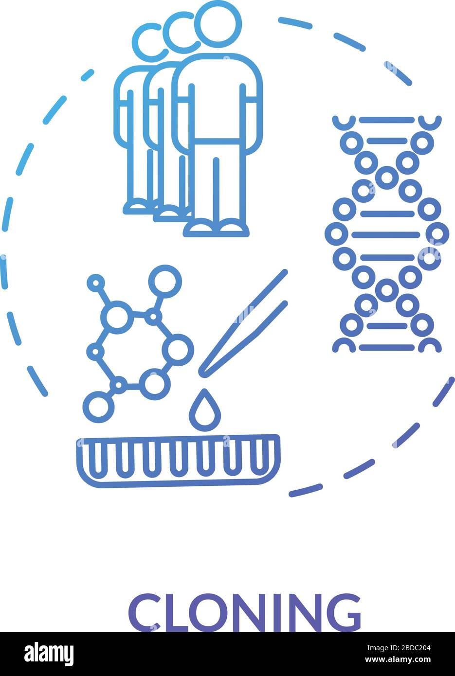 Symbol für das Klonen von blauem Konzept. Laborverfahren. Biotechnologie und Gentechnik. Reproduktionstechnologie - dünne Linien. Vektor Stock Vektor