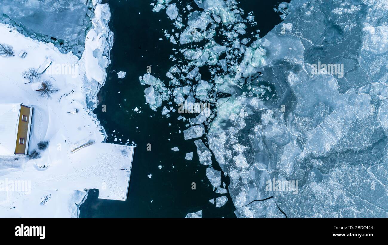 Luftaufnahme des gefrorenen Arktischen Ozeans, Finnland Stockfoto
