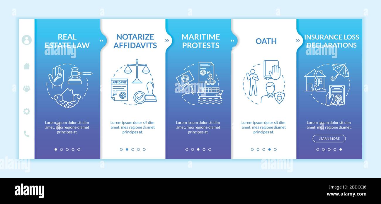 Legalisierungsdienste, Onboarding Vector template. Rechtliche Beratung. Anwaltskanzlei Hilfe. Reaktionsschnelle mobile Website mit Symbolen. Schritt zum Durchgehen der Webseite Stock Vektor