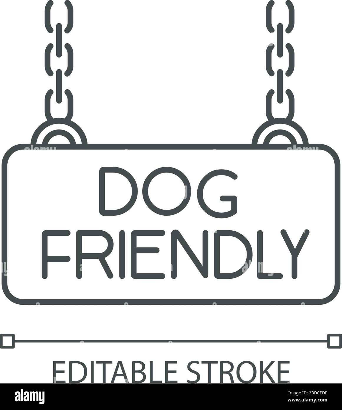 Pixelperfekte lineare Ikone für hundefreundliche Gebiete. Doggy erlaubte Bereich Kette hängende Platte. Anpassbare Abbildung mit dünner Linie. Kontursymbol. Vektor Stock Vektor