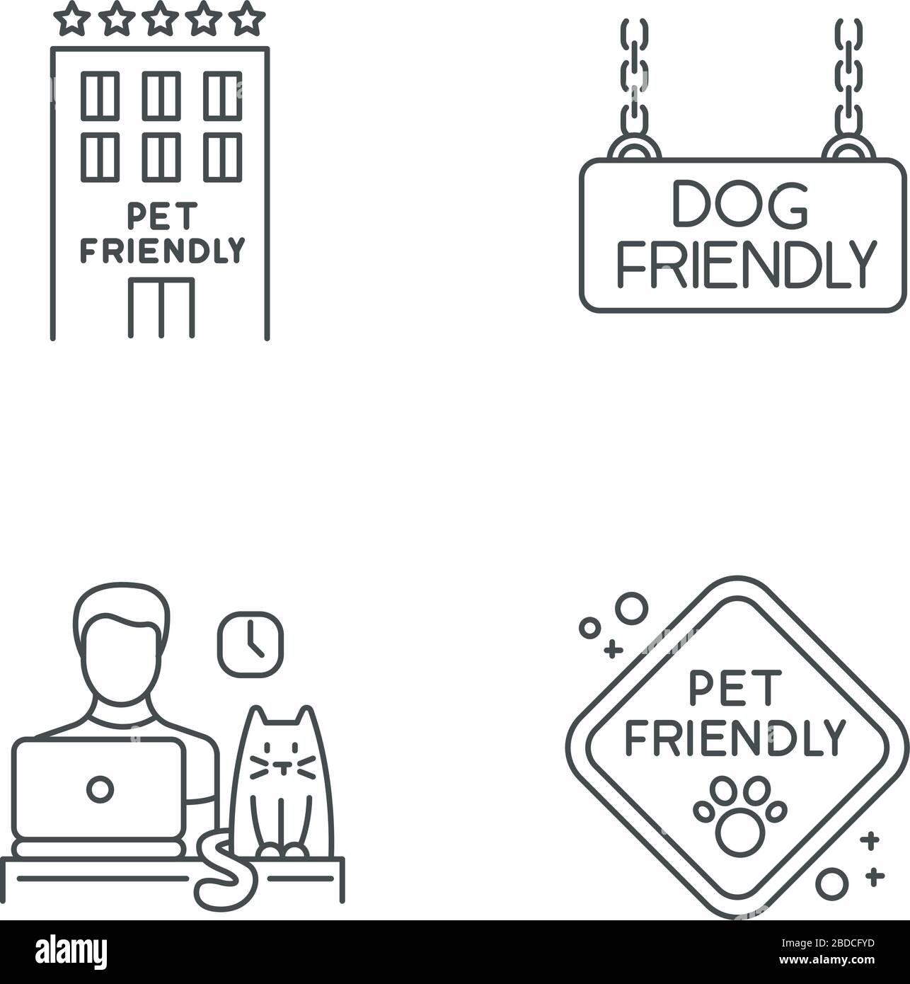 Haustierfreundliche Unternehmen Pixel perfekte lineare Symbole gesetzt. Vierbeinige Freunde erlaubten Hotels und Büros. Anpassbare Kontursymbole mit dünnen Linien Stock Vektor