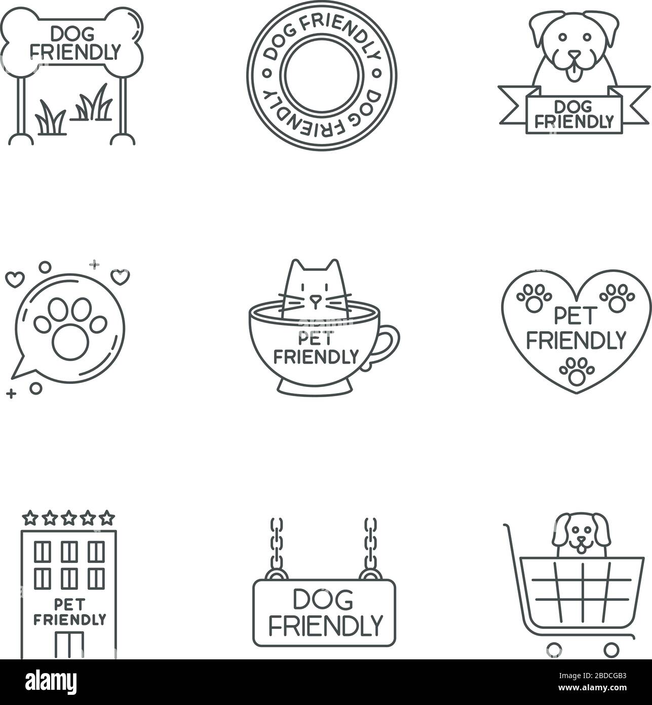 Haustierfreundliche Embleme Pixel perfekte lineare Symbole gesetzt. Kitty und Doggy erlaubten, willkommene öffentliche Orte. Anpassbare Kontursymbole mit dünnen Linien Stock Vektor