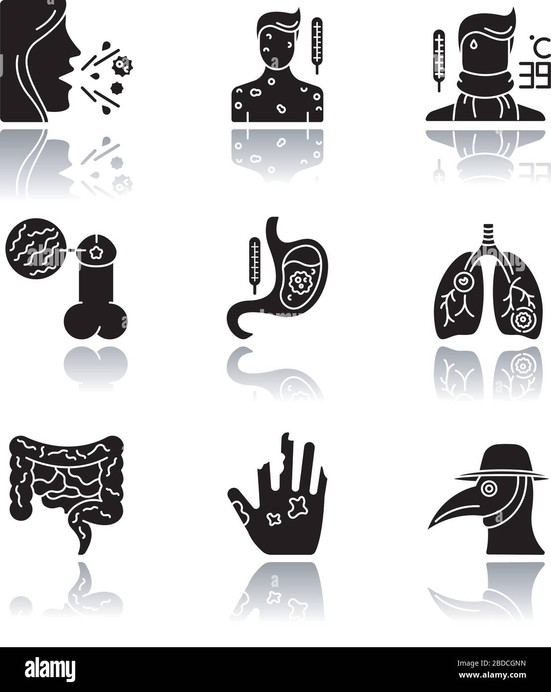 Infektionskrankheiten werfen Schatten schwarze Glyphe Symbole gesetzt. Verschiedene bakterielle Infektionen und ansteckende Krankheiten. Verschiedene bakterielle Erreger isoliert Stock Vektor