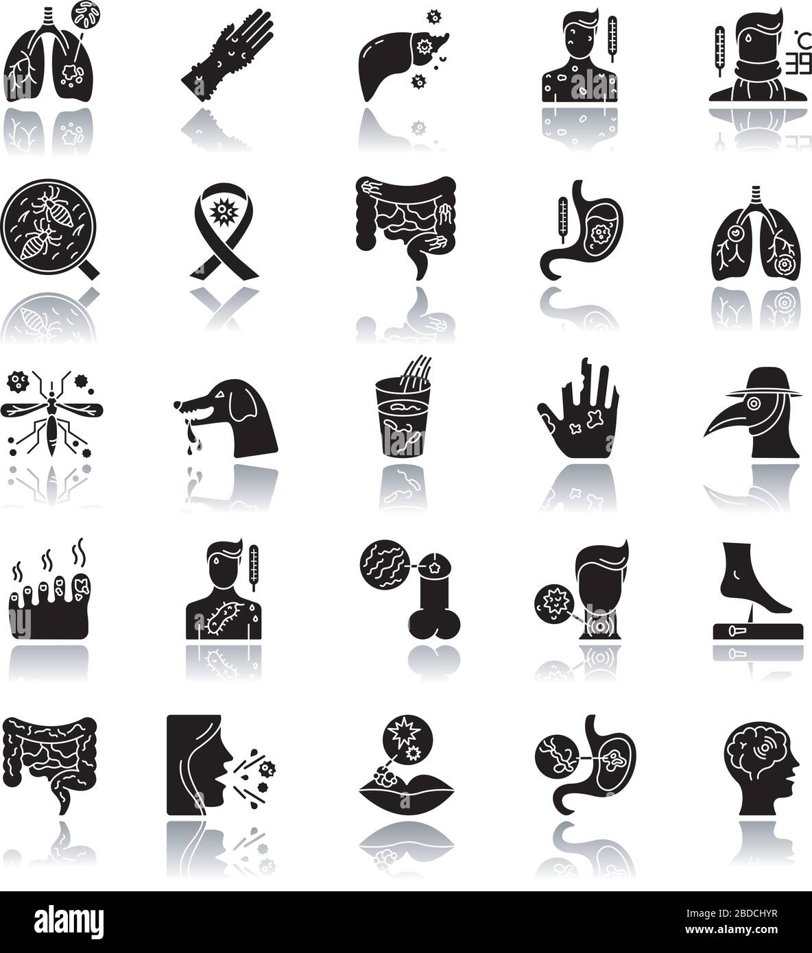 Infektionskrankheiten werfen Schatten schwarze Glyphe Symbole gesetzt. Verschiedene Pandemie-Infektionen, ansteckende Viruserkrankungen. Verschiedene bakterielle Erreger isoliert Stock Vektor