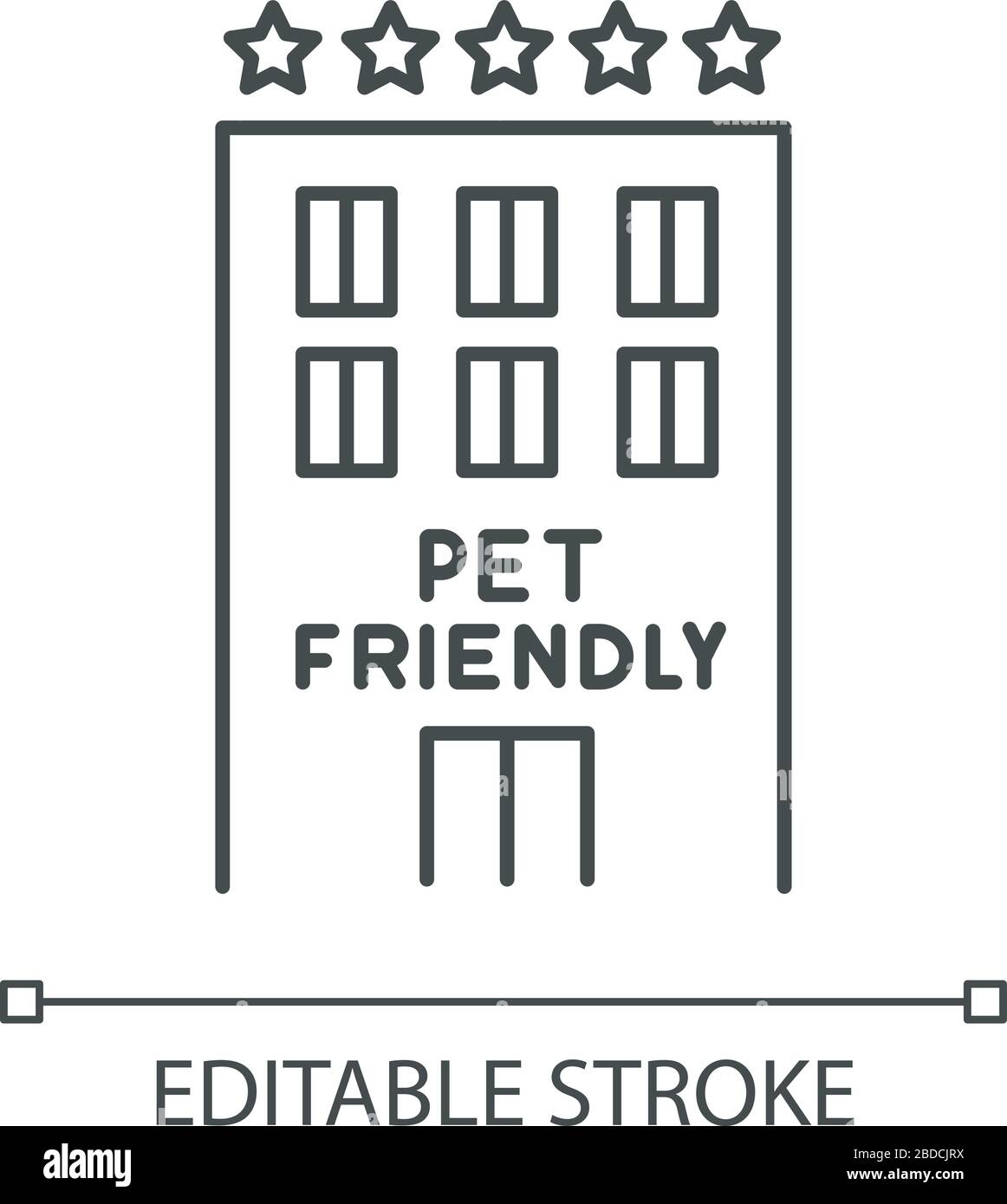 Haustierfreundliches Motel Exterieur Pixel perfekte lineare Ikone. Tiere heißen ein Fünf-Sterne-Hotel willkommen. Anpassbare Abbildung mit dünner Linie. Kontursymbol. Vektor Stock Vektor