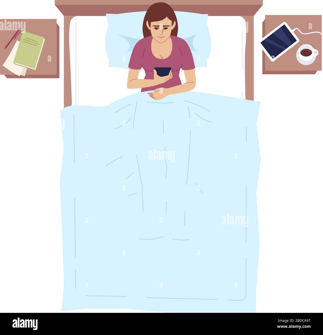 Mädchen, die ein Smartphone verwenden, bevor sie eine halbflache RGB-Farbvektorillustration schlafen. Junge kaukasische Frau im Bett, die vom Handy-Bildschirm aus liest, isoliert Stock Vektor