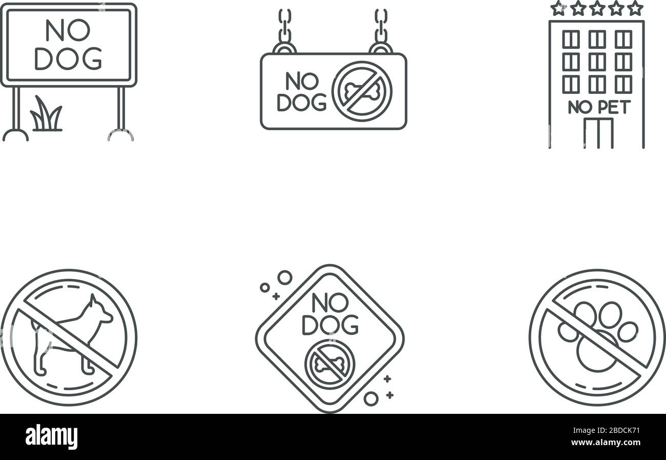 Haustier nicht erlaubt Embleme Pixel perfekte lineare Symbole gesetzt. Vierbeinige Freunde verboten und willkommene Bereiche. Anpassbare Kontursymbole mit dünnen Linien. Isoliert Stock Vektor