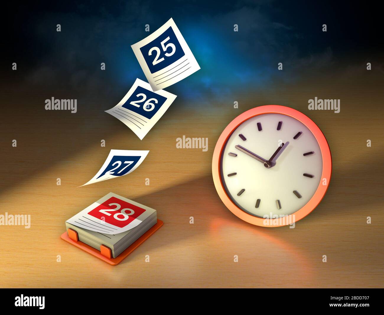 Kalender mit abfliegenden Seiten und einer Uhr. Konzeptionelles Bild über den Zeitfluss. 3D-Abbildung. Stockfoto