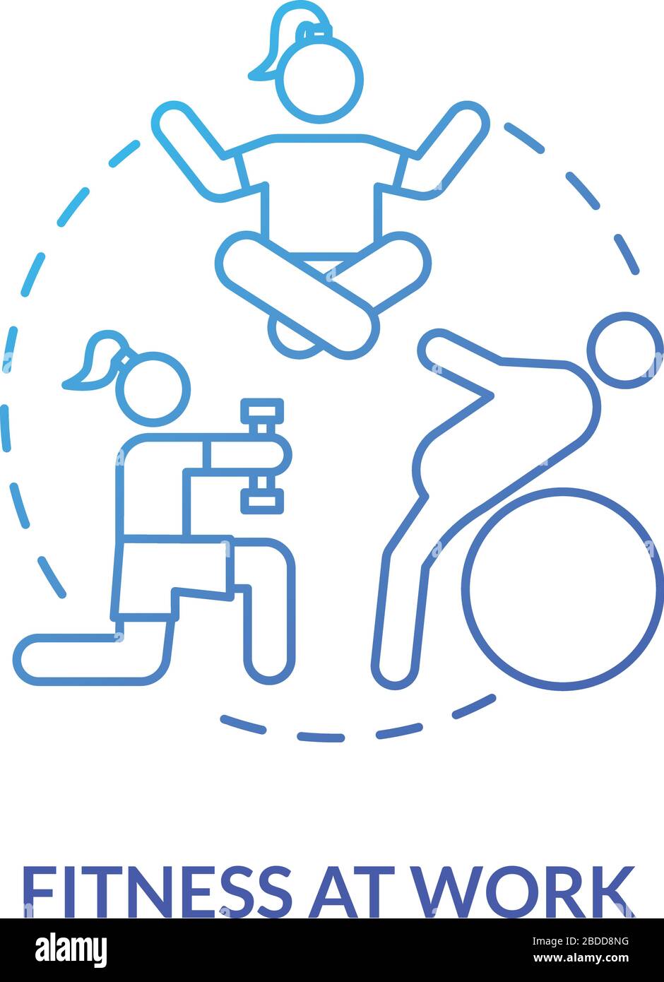 Symbol für "Fitness bei der Arbeit" mit blauem Konzept. Yoga-Pause. Gesunder Lebensstil. Frau, die bei der Arbeit trainiert. Körperliche Schmerzlinderung. Verhindern Sie eine dünne Linie der Burnout Idea Stock Vektor