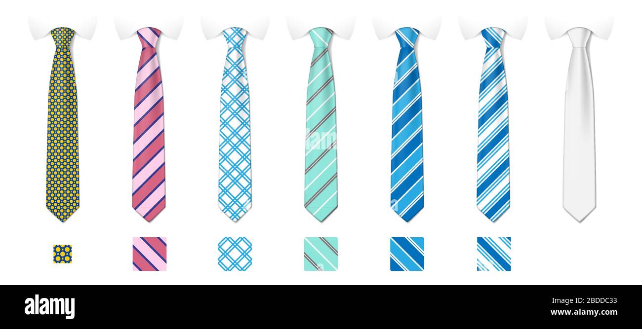 Gestreifte Seidenkrawatten mit Texturen. Mann farbige Krawatte Set. Krawatte mit verschiedenen Modemustern. Vektorgrafiken Stock Vektor