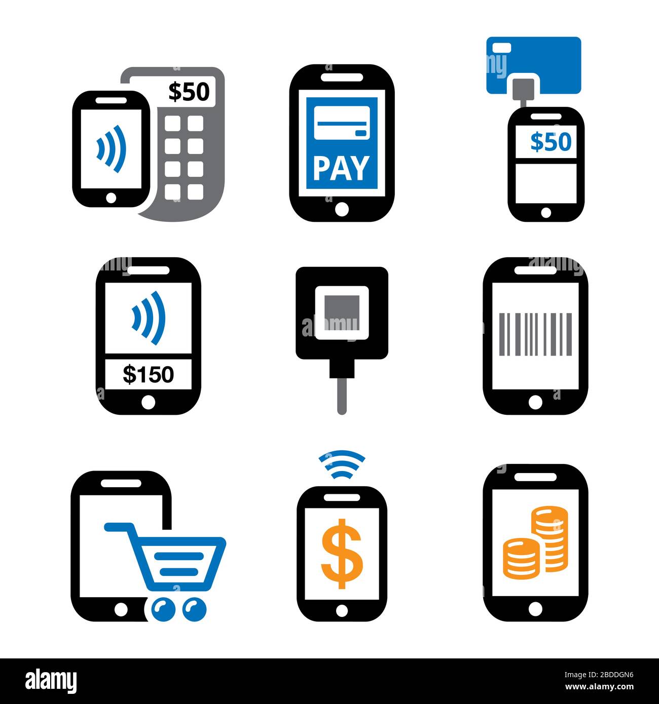 Zahlungen per Handy oder Handy, Online-Zahlung mit Kredit- oder Debitkarte und Smartphone-Vektor-Symbol eingestellt Stock Vektor