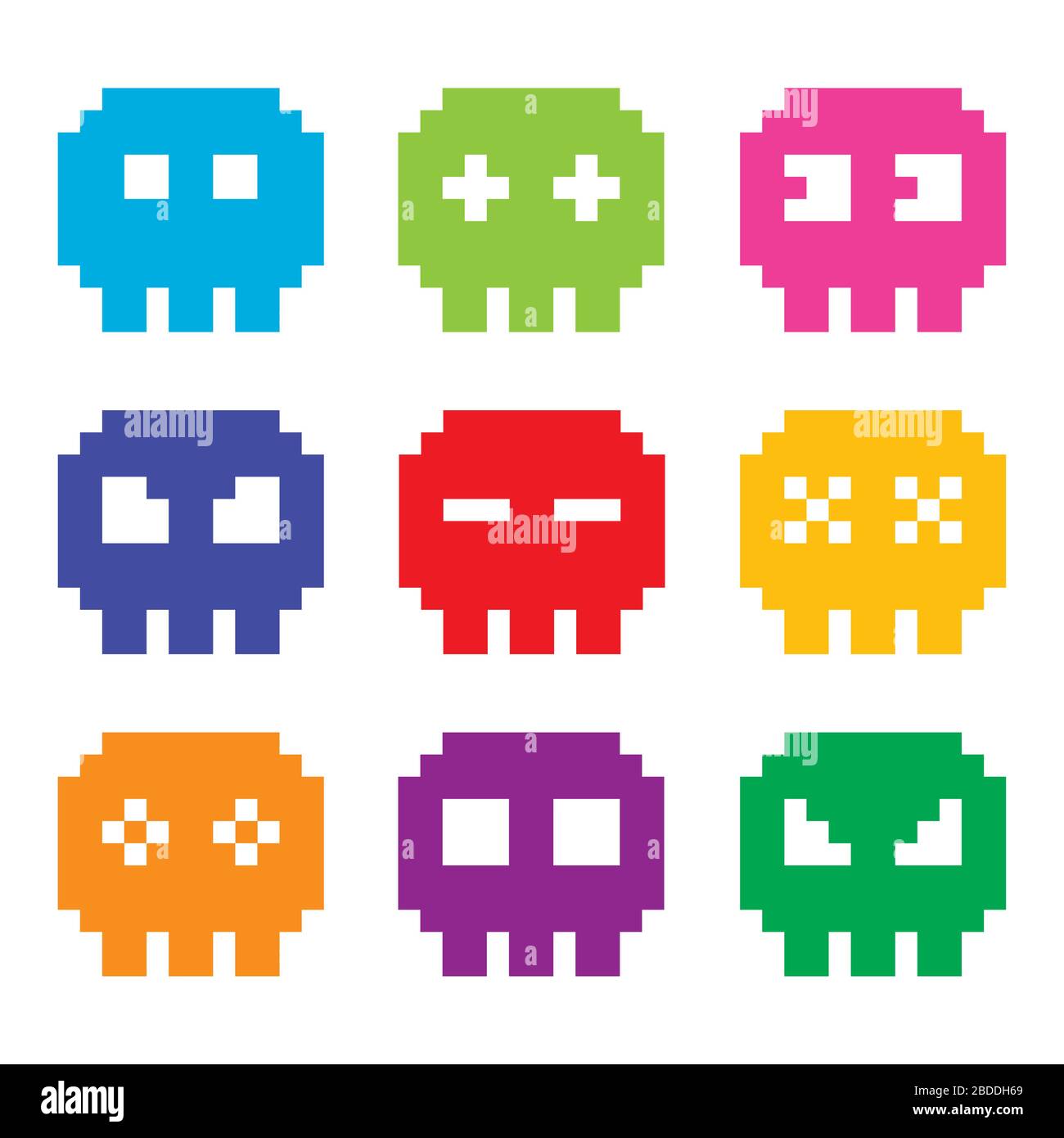 Pixelige 8-Bit-Schädel-Vektorsymbole - Farbe, Geister oder Schädel im Stil der 80er Jahre Stock Vektor