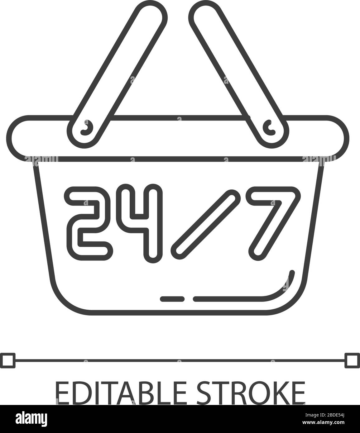 24 7 Stunden speichern Pixel Perfect Linear Icon. Siebenundzwanzig Laden. Supermarkt-Korb-Schild. Anpassbare Abbildung mit dünner Linie. Kontursymbol Stock Vektor