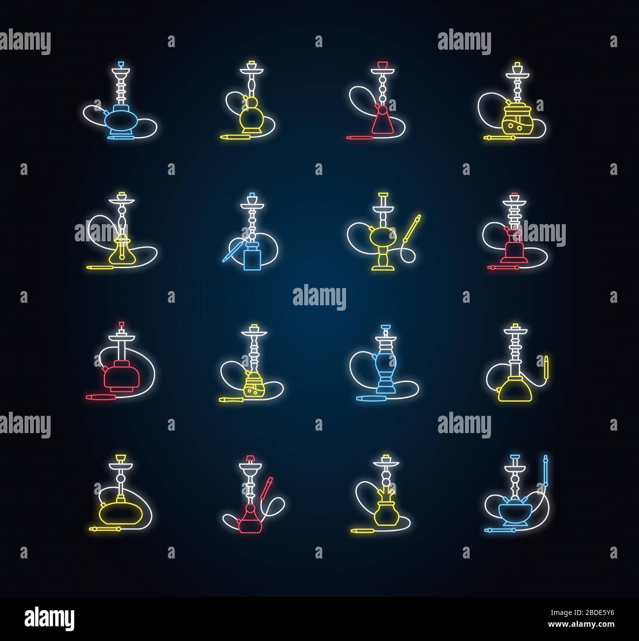 Hookah Neon Light Icons Set. Sheesha-Bar. Hooka-Accessoires. Rauchbereich. Dampf, Vaping. Tabakoption. Arabische Lounge. Schilder mit strahlender Außenwirkung Stock Vektor