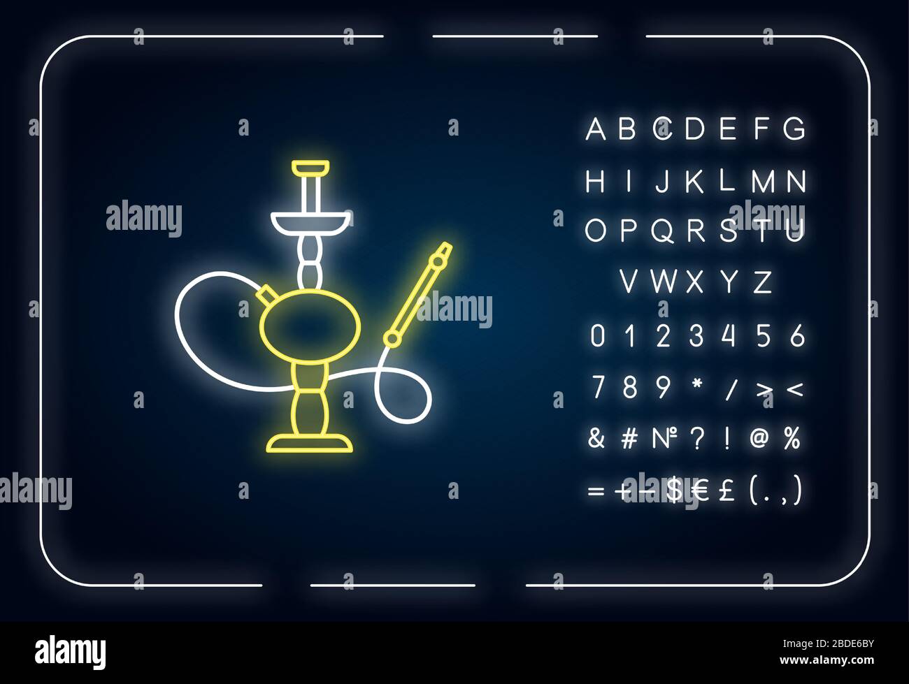 Symbol für die Neonbeleuchtung von Hookah. Sheesha-Haus. Traditionelle Shisha. Narkile Lounge. Raucherbereich. Äußere leuchtende Wirkung. Zeichen mit Alphabet, Zahlen und Symbolen Stock Vektor