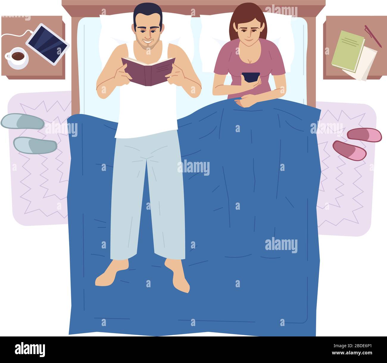 Ehepaar entspannt sich im Schlafzimmer zusammen mit Blick auf die halbflache RGB-Farbvektor-Illustration. Mann und Frau im Bett. Mann liest Papierbuch, Frau Stock Vektor