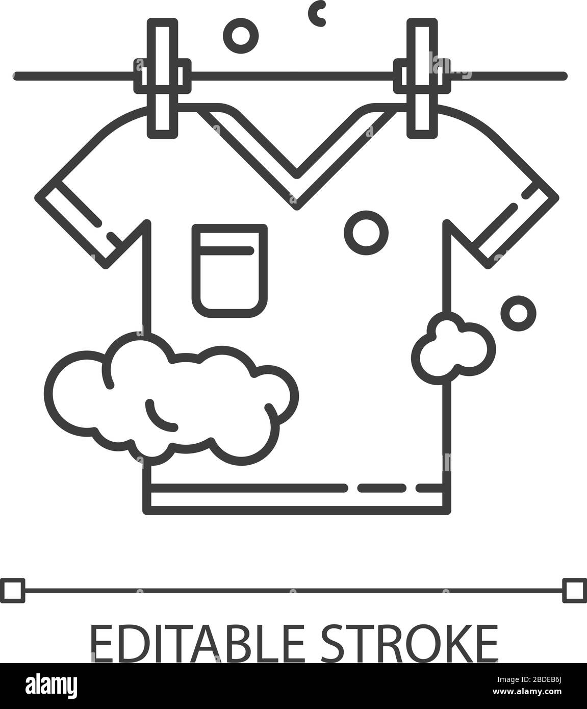 Perfektes lineares Symbol für die Trocknung im Freien. Wäscherei, Wäscheleine. T-Shirt am Seil hängend. Anpassbare Abbildung mit dünner Linie. Kontursymbol. Vektor Stock Vektor