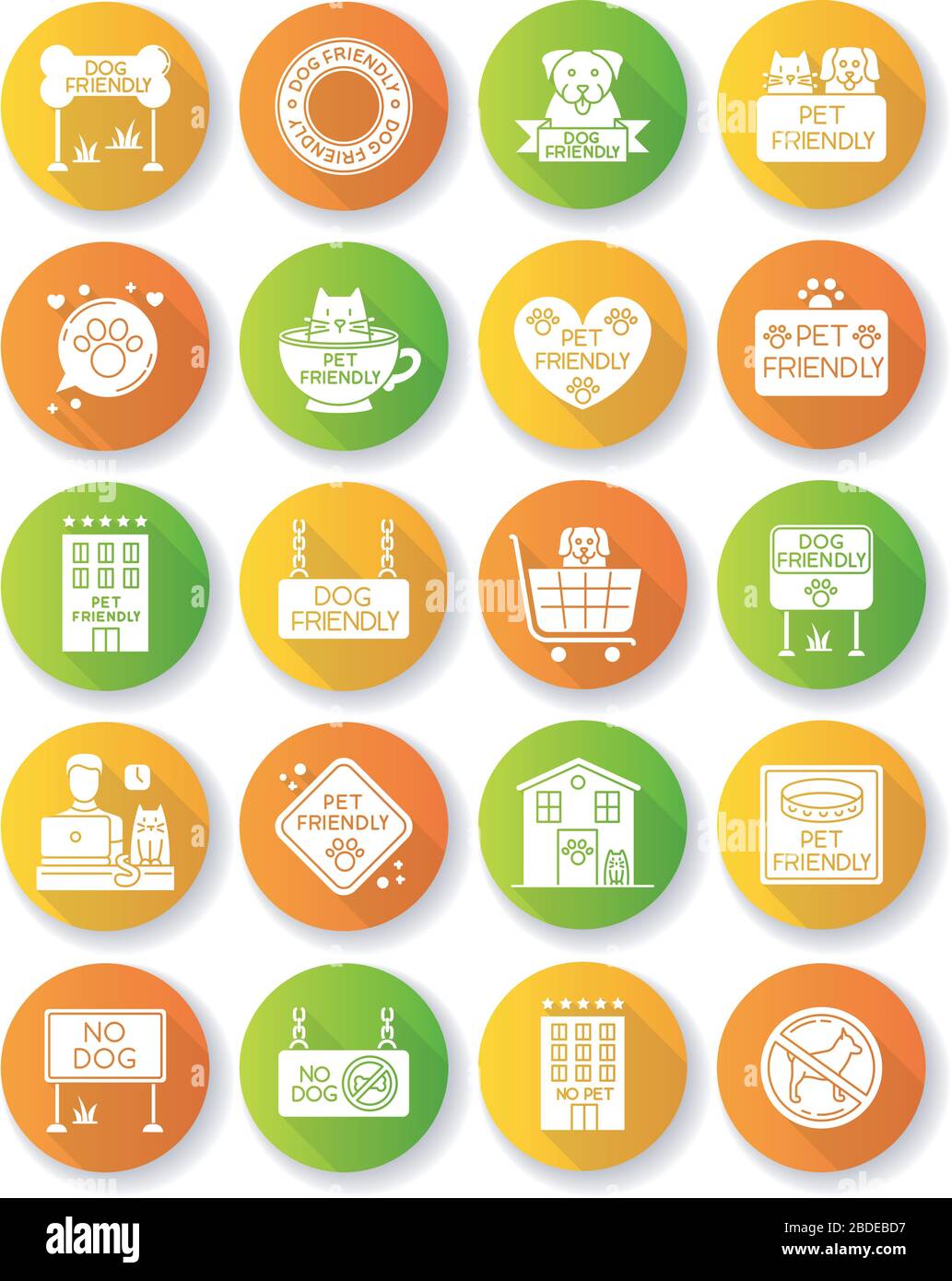 Hundefreundliche und keine Tierschilder flaches Design lange Schatten Glyphe Symbole gesetzt. Katzen und Hunde erlaubten und verbotene Bereiche. Tiere sind willkommen und dürfen keine Zonen betreten Stock Vektor