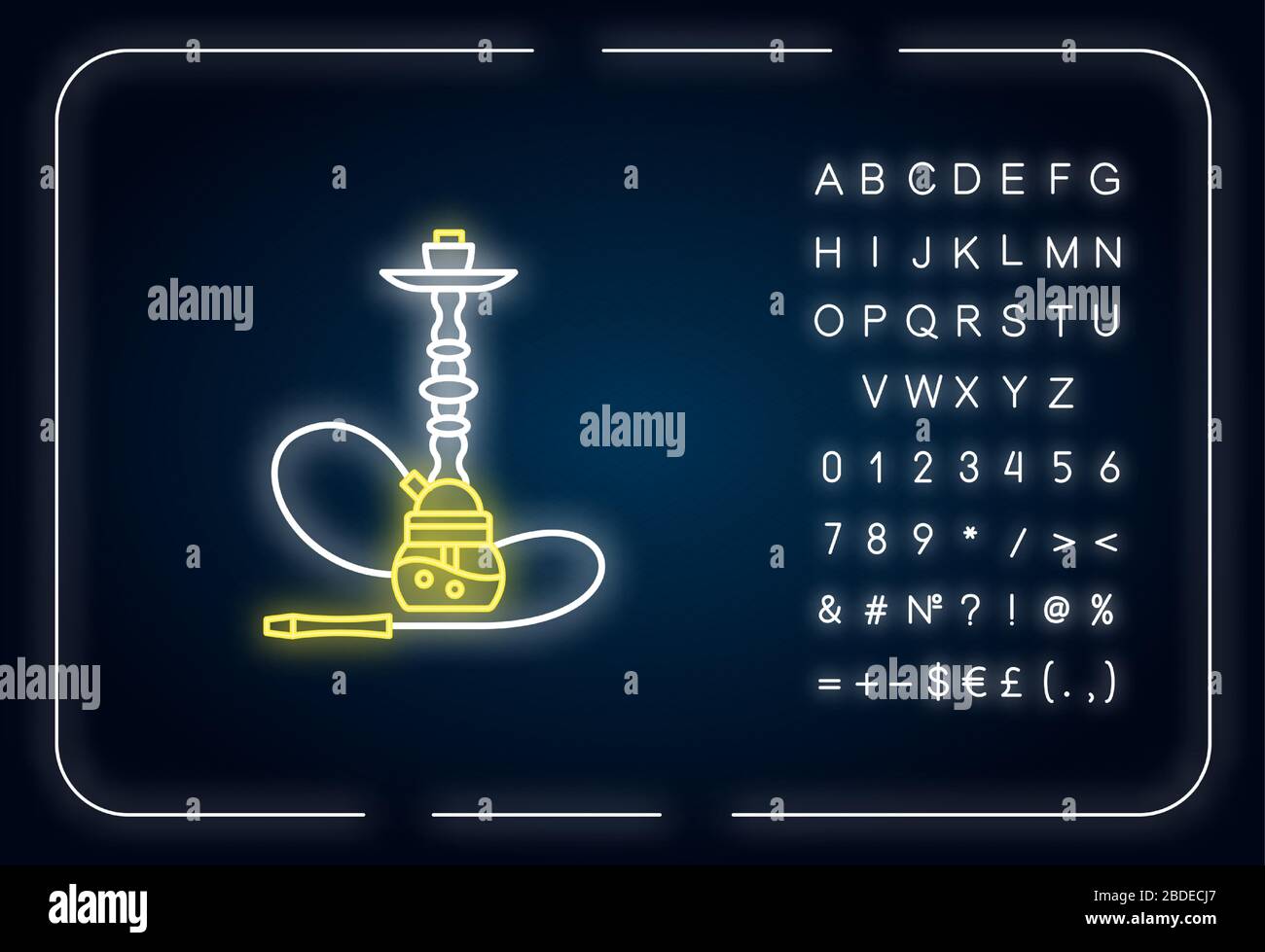 Symbol für die Neonbeleuchtung von Hookah. Sheesha-Haus. Objekt zum Einatmen von Nikotin. Narkile Lounge. Geruch aus Rohr. Äußere leuchtende Wirkung. Zeichen mit Alphabet, Zahlen Stock Vektor