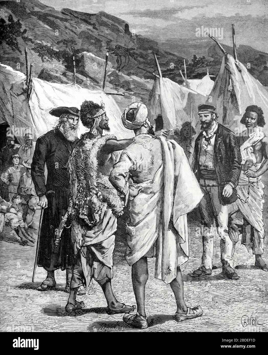 Inhaftierung des italienischen Ingenieurs Graf Leonardo Salimbeni (1829-1889) auf Befehl des äthiopischen General Ras Alula (1827-1897) in Massawa Äthiopien. Vintage oder Old Illustration oder Gravur im Jahr 1887 Stockfoto