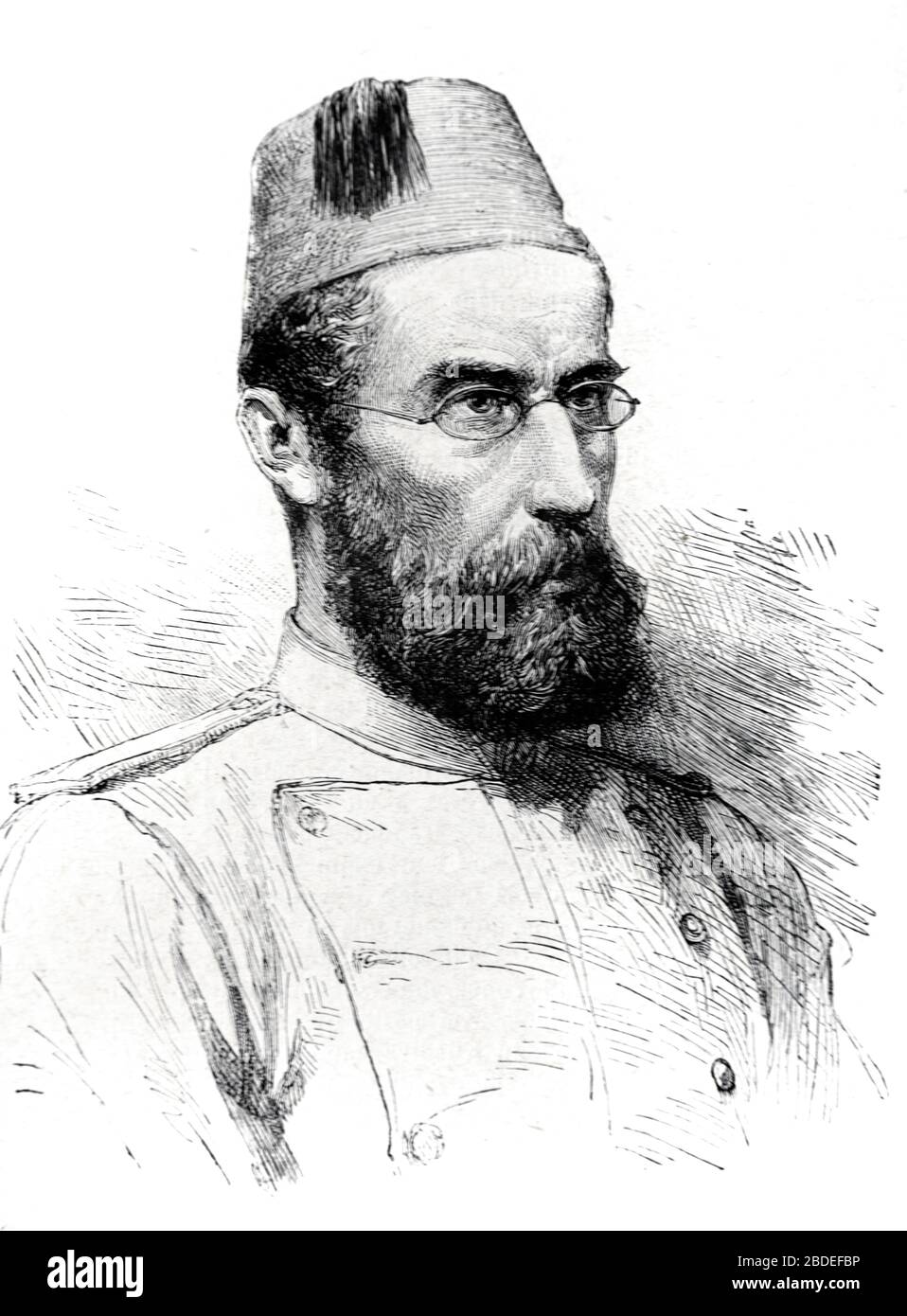 Porträt von Emin Pasha (1840-1892) osmanischer Arzt, Explorer, Naturalist & Gouverneur der ottomanischen Provinz Equatoria Ägypten. Vintage oder Old Illustration oder Gravur im Jahr 1887 Stockfoto