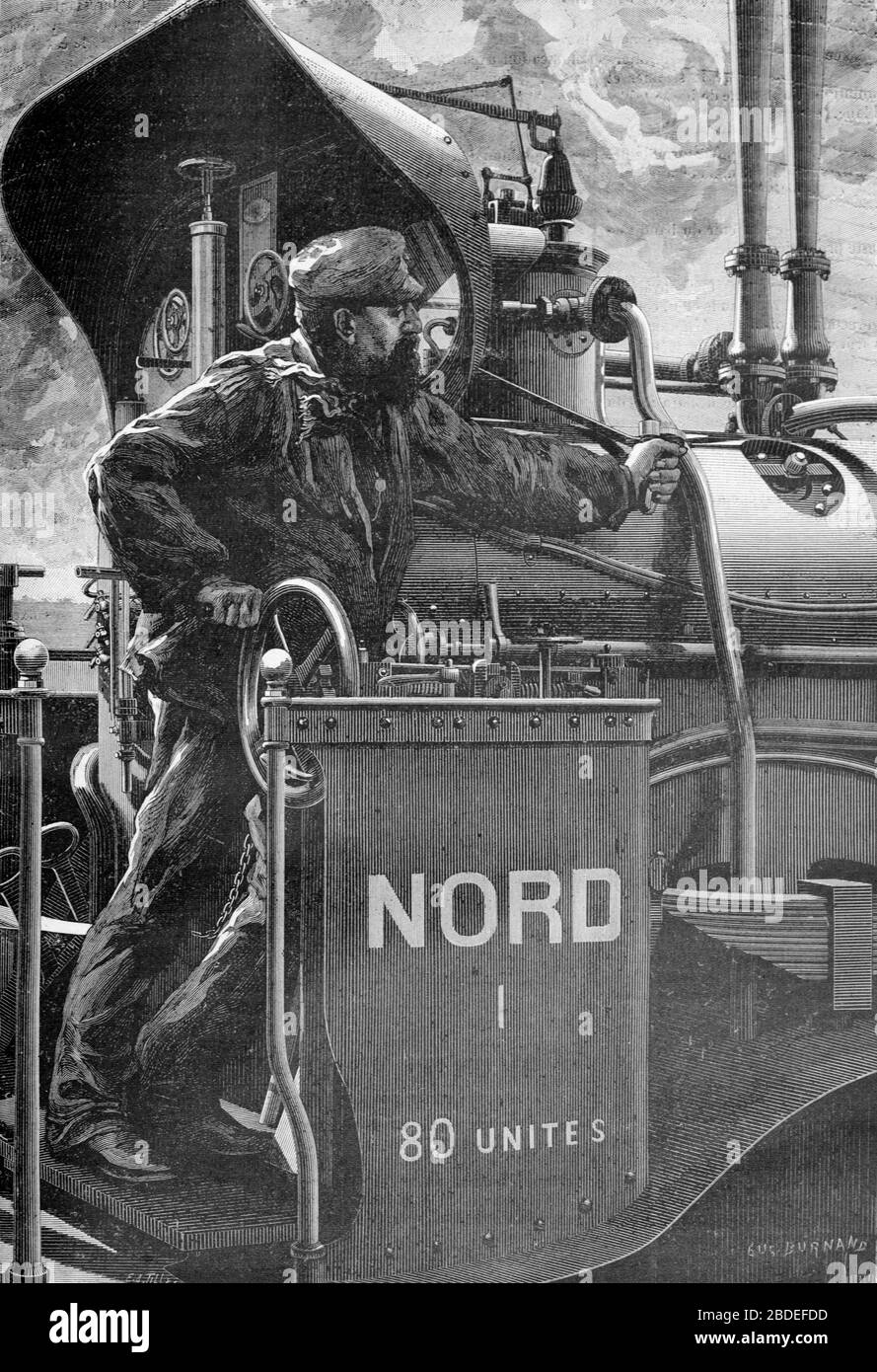 Eisenbahnmechaniker oder Zugführer, der die Dampfeisenbahn der französischen Eisenbahngesellschaft oder der SNCF France fährt. Vintage oder Old Illustration oder Gravur im Jahr 1887 Stockfoto