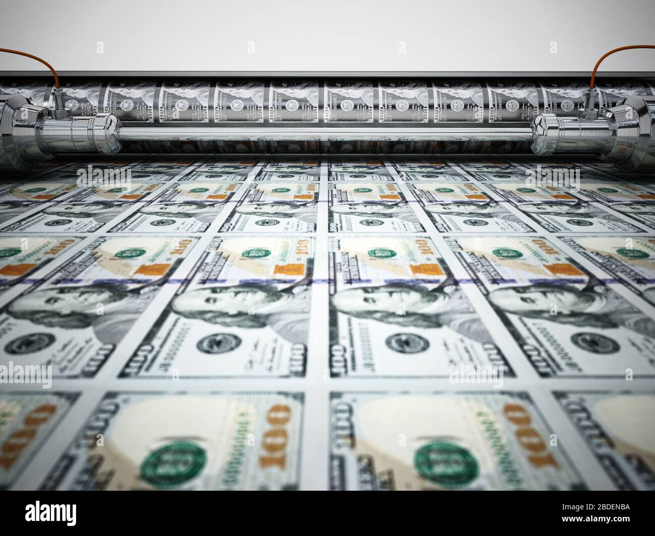 Gelddruckmaschine, die 100-Dollar-Banknoten druckt. 3D-Abbildung. Stockfoto