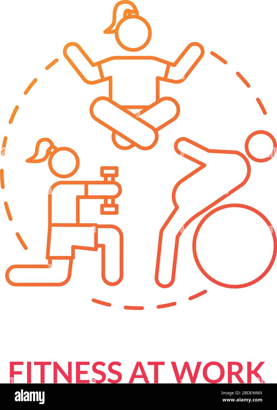 Fitness bei der Arbeit rotes Konzeptsymbol. Meditieren und strechen. Frau, die bei der Arbeit trainiert. Körperliche Schmerzlinderung. Vermeiden Sie eine dünne Linienabbildung der Grundidee Stock Vektor