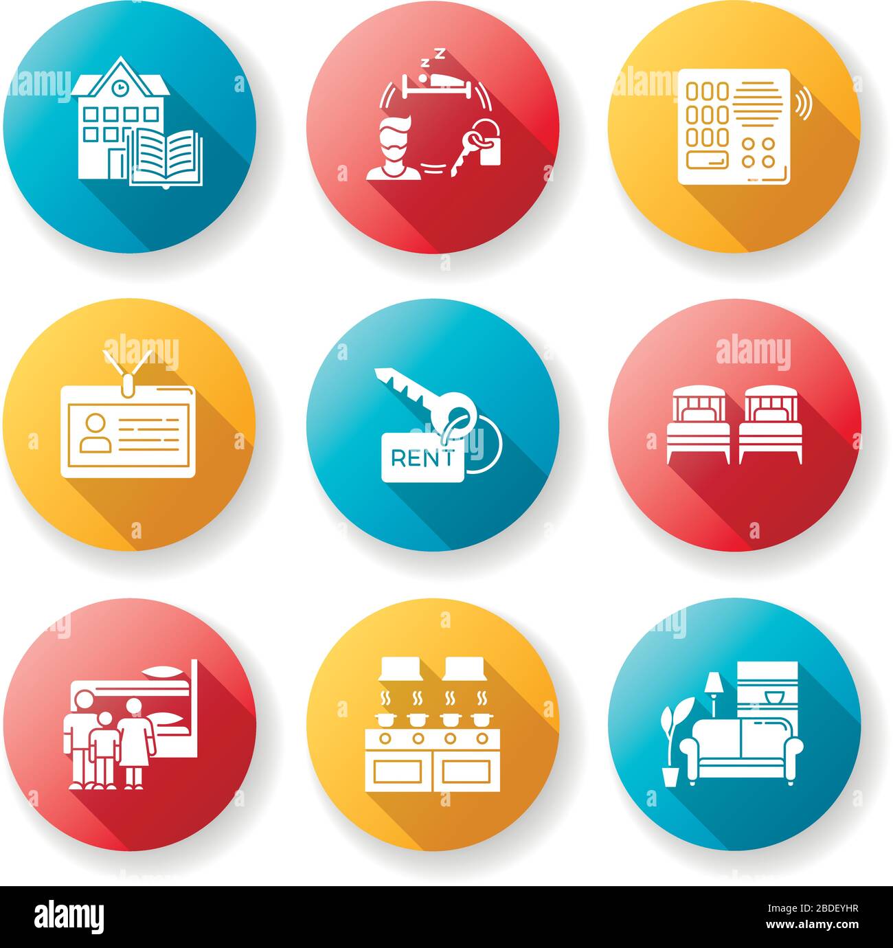 Mieten flaches Design mit langen Schatten-Glyphe-Icons. Familien-Schlafsaal. Gemeinschaftsküche. Personalausweis. Wohnzimmer. Gegensprechanlage Gemeinsam genutzter Speicherplatz. Miete Stock Vektor