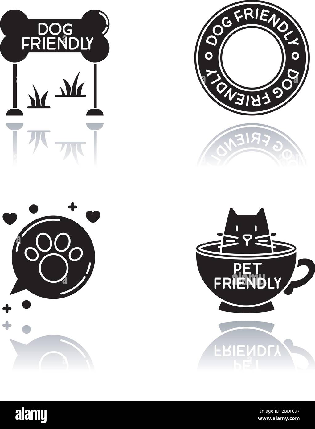 Katzen- und hundefreundliche Bereiche Embleme werfen Schatten schwarze Glyph-Symbole gesetzt. Vierbeinige Freunde erlaubten Gebietsabzeichen. Kitty und Doggy willkommen. Isoliert Stock Vektor
