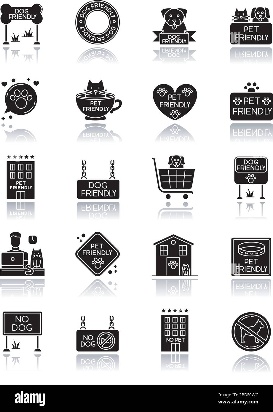 Hundefreundliche und keine Tierschilder setzen schwarze Glyph-Symbole in den Schatten. Katzen und Hunde erlaubten und verbotene Bereiche. Tiere sind willkommen und dürfen keine Zonen betreten Stock Vektor