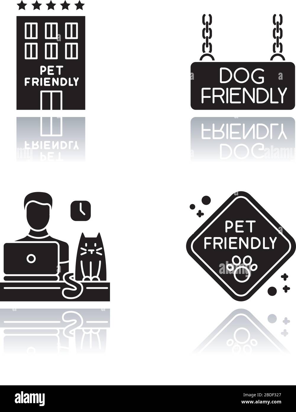 Haustierfreundliche Unternehmen setzen schwarze Glyph-Symbole in den Schatten. Vierbeinige Freunde erlaubten Hotels und Büros. Tiere willkommen, Katzen und Hunde erlaubt Stock Vektor