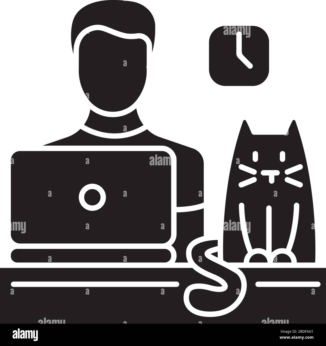 Haustierfreundliches Büro-Symbol mit schwarzer Glyphe. Haustiere erlaubt. Katze am Arbeitsplatz, Kätzchen und Mensch arbeiten am Computer. Silhouettensymbol Stock Vektor