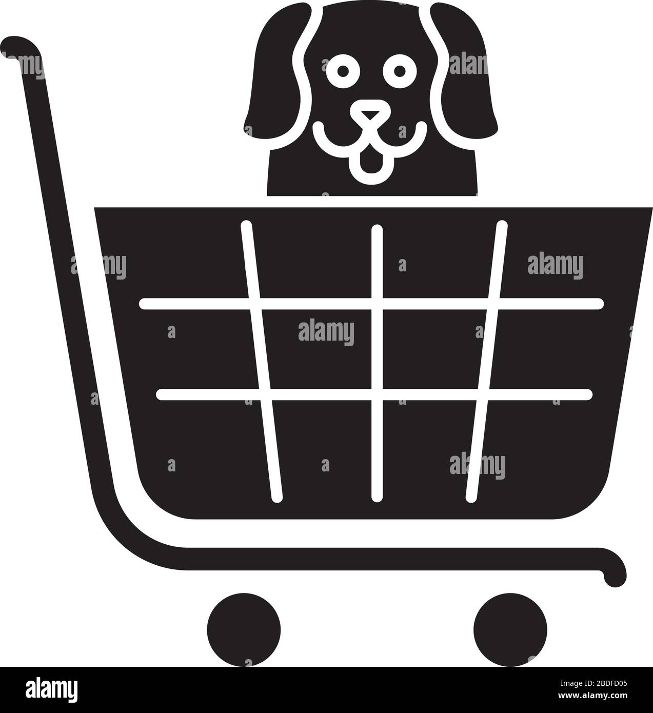 Hunde erlaubt Supermarkt, petshop schwarze Glyphe Symbol. Hundegeschäft erlaubt, Haustiere willkommen Laden. Fröhlicher Welpe im Warenkorb. Silhouette Stock Vektor