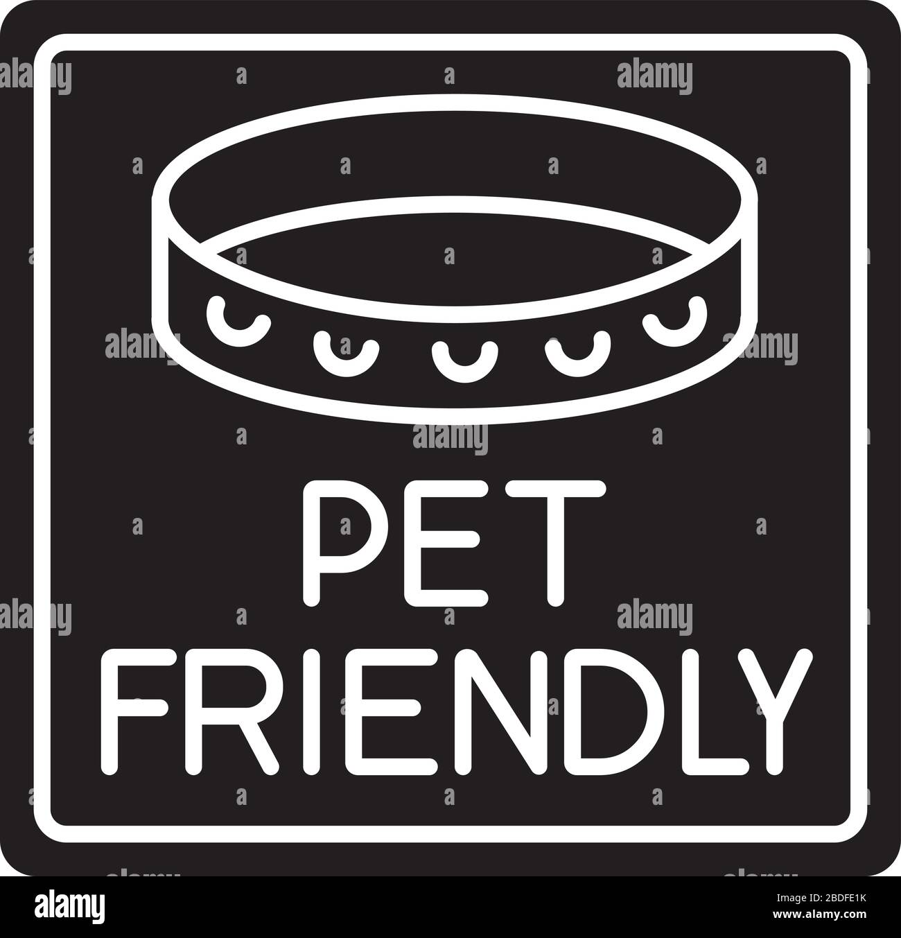 Haustierfreundliches Ortsschild mit schwarzer Glyphe. Haustiere mit Kragen erlaubt. Katzen und Hunde willkommen, zulässiger öffentlicher Platz. Silhouettensymbol ein Stock Vektor