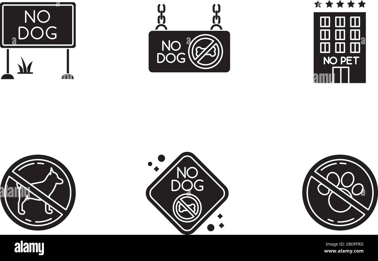 Haustier nicht erlaubt Embleme schwarze Glyph-Symbole auf weißem Raum. Vierbeinige Freunde verbotene Territorien, Haustiere begrüßen öffentliche Plätze Stock Vektor