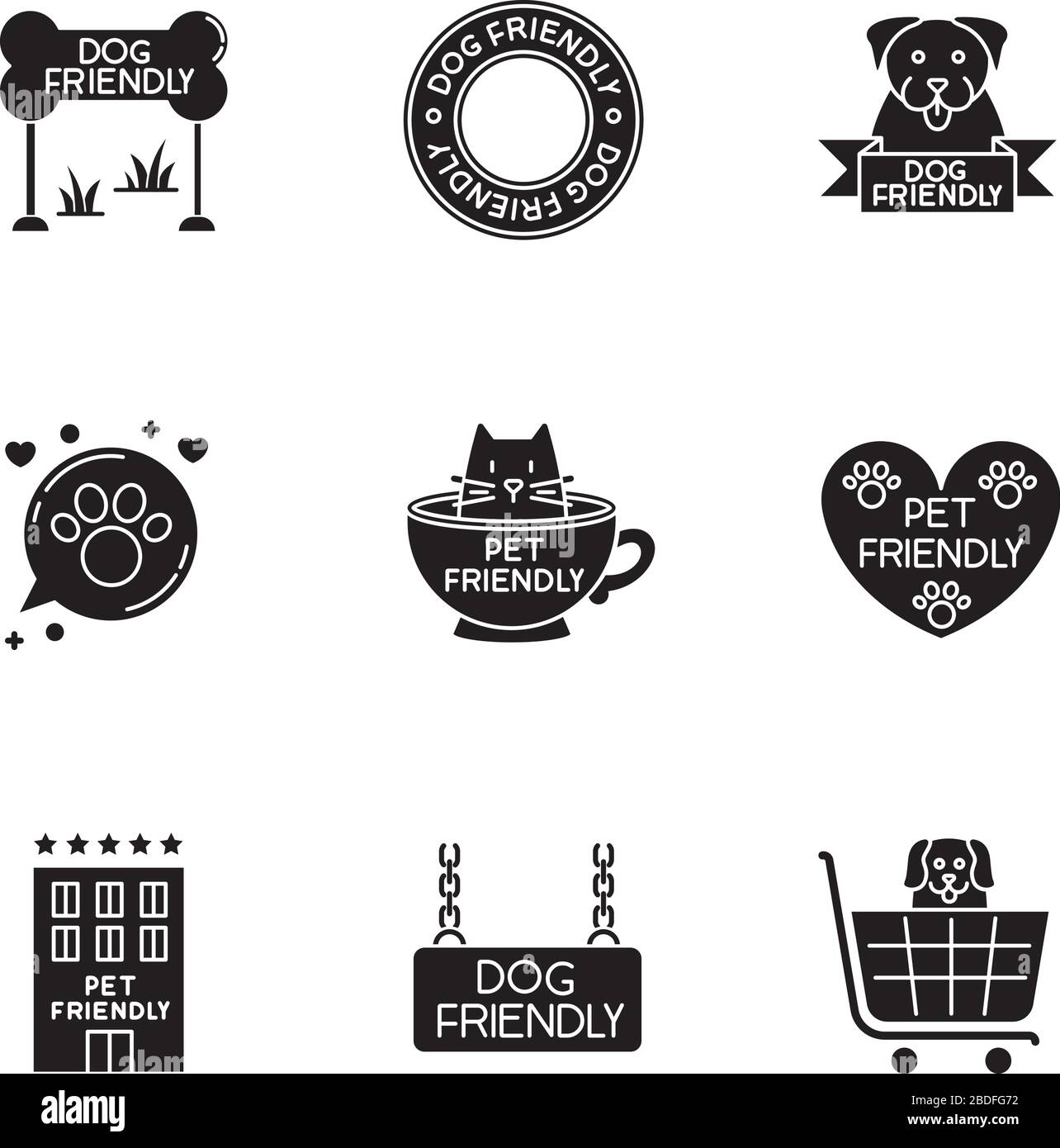 Haustierfreundliche Embleme schwarze Glyph-Symbole auf weißem Raum. Vierbeinige Freunde erlaubten Territorien, Kitty und Doggy erlaubten, willkommene öffentliche Orte Stock Vektor