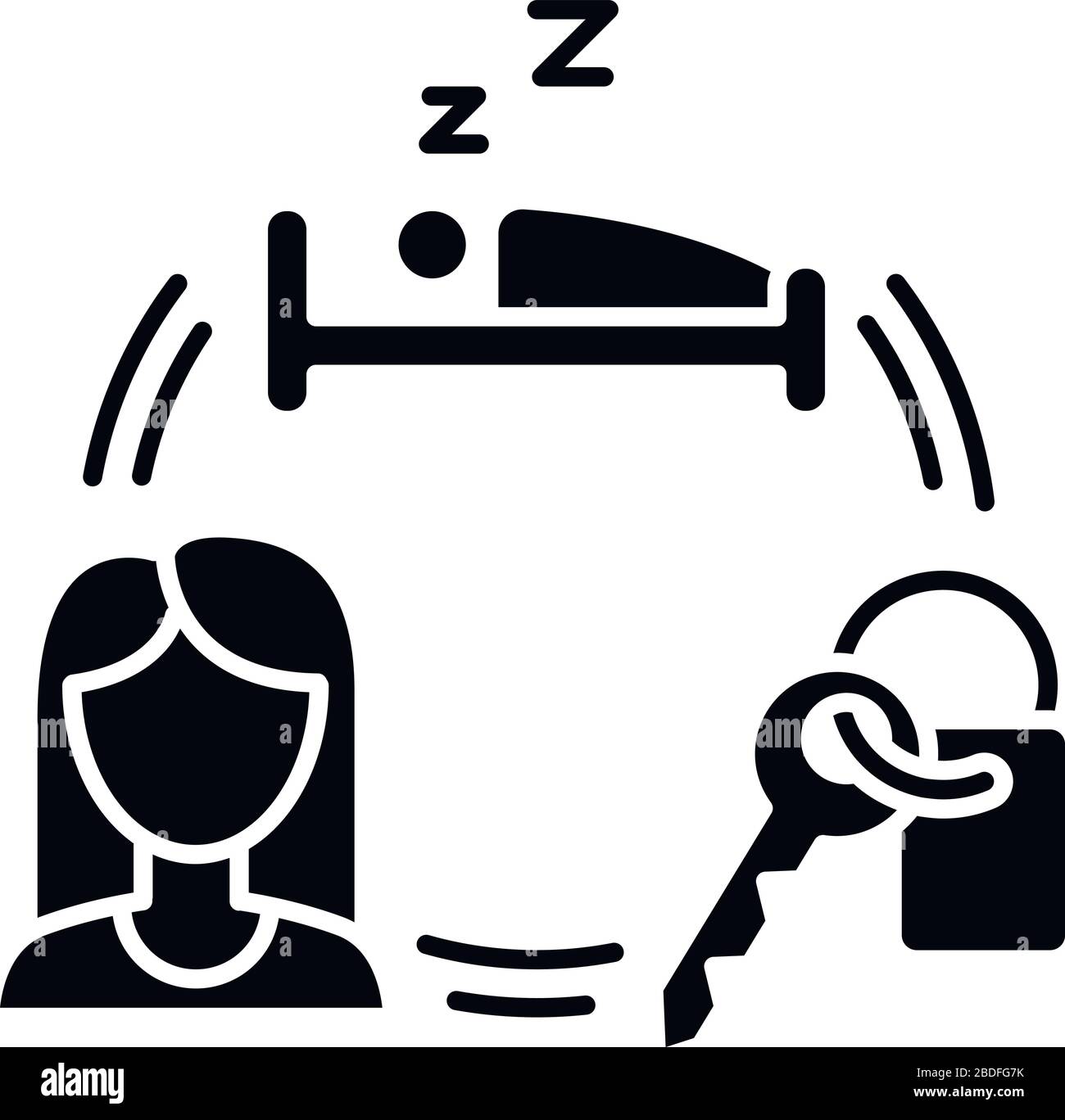 Hotelzimmermiete schwarze Glyphen-Ikone. Unterkunft buchen. Wohnungseinrichtung. Reiseeinrichtungen. Mietservice. Weibliche Klientin. Silhouettensymbol Stock Vektor