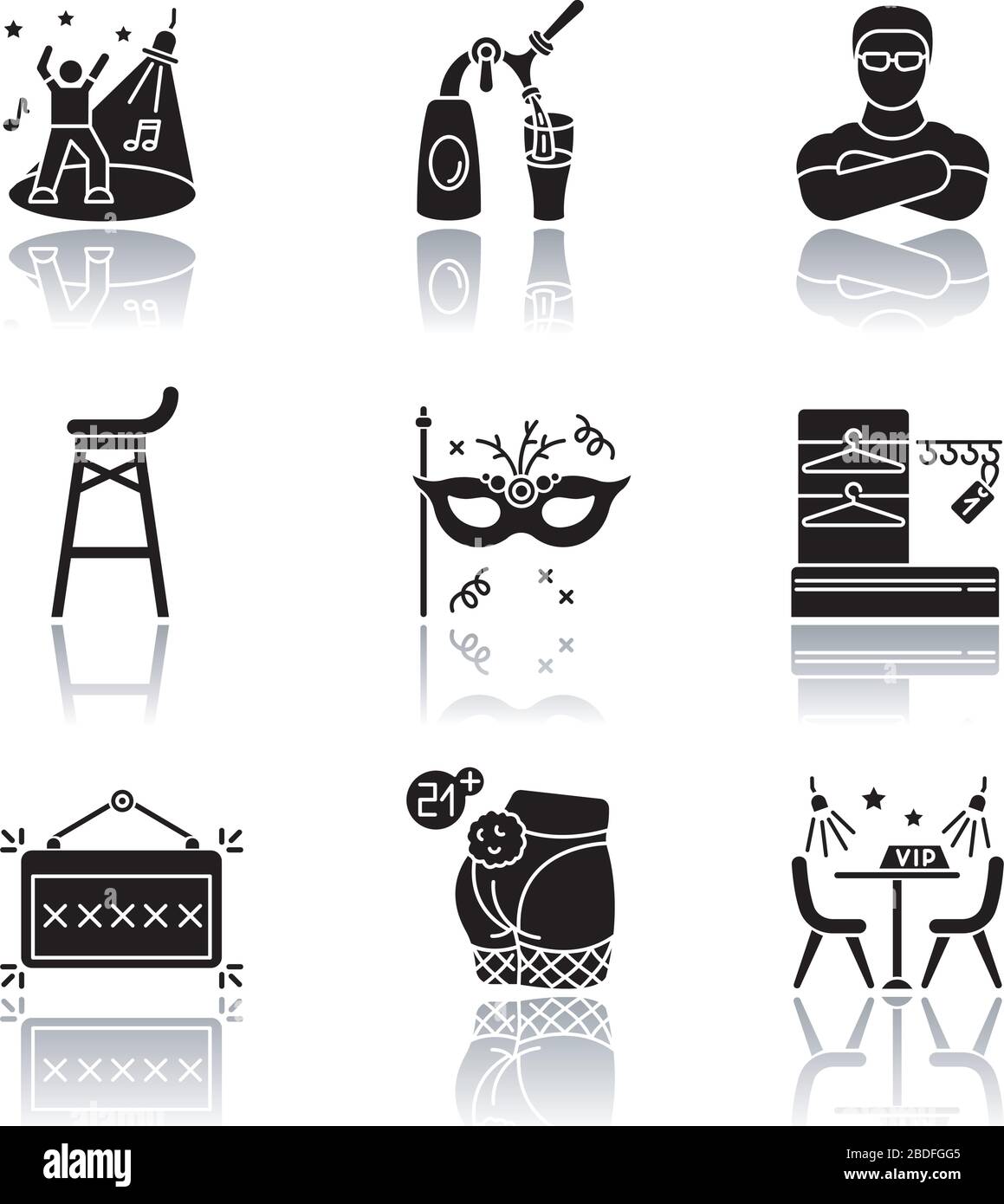 Nachtclub Freizeit Schlagschatten schwarze Glyphe Symbole gesetzt. Nachtklub-Party, Unterhaltungslokal, Clubbing-Lifestyle. Tanz- und Trinkanstalt Stock Vektor