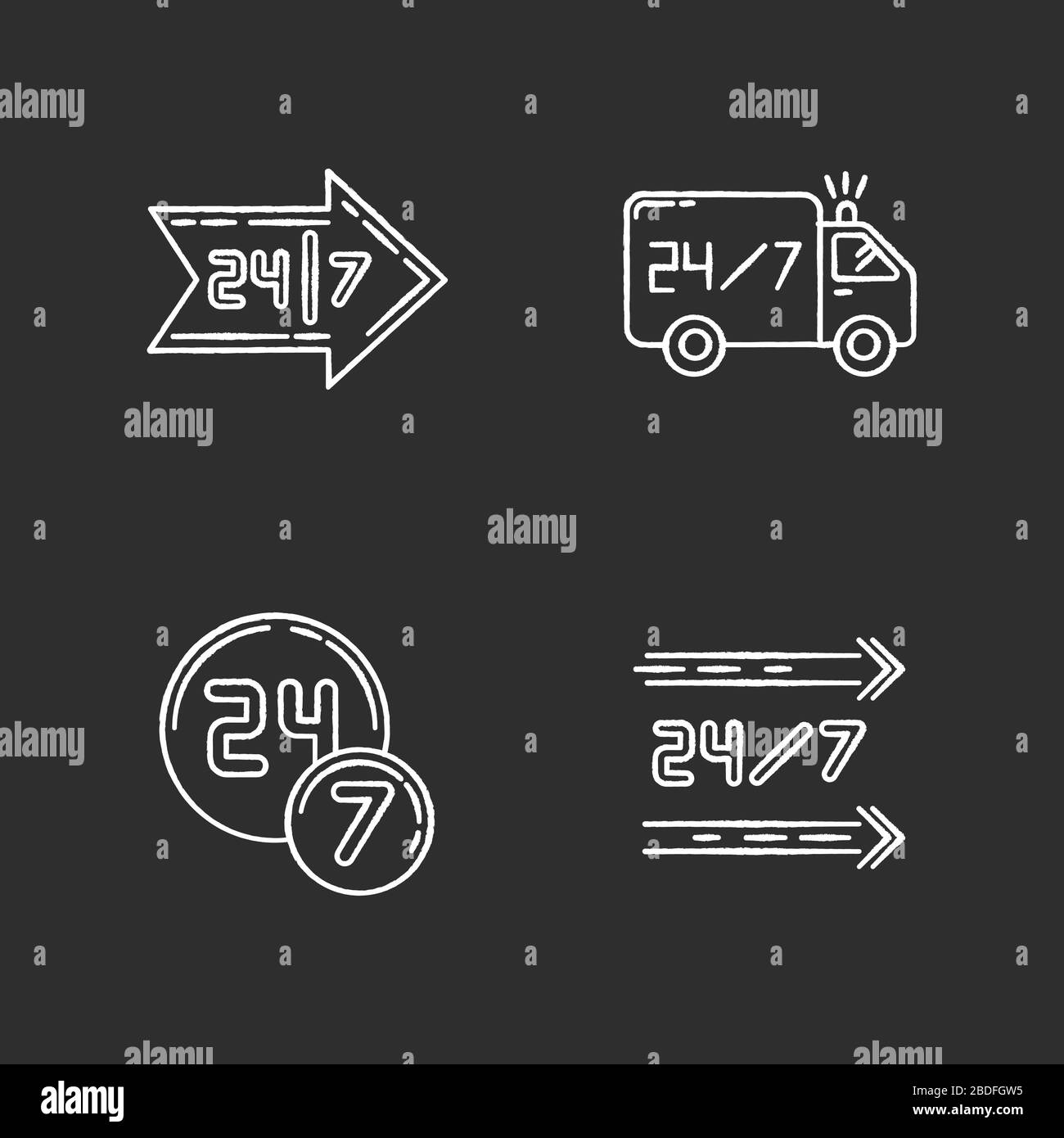 24-Stunden-Service Kreide weiße Symbole auf schwarzem Hintergrund. Ganztägig verfügbarer Lieferwagen. Rund um die Uhr geöffneter 24-Stunden-Laden. 24 Stunden Shop Stock Vektor