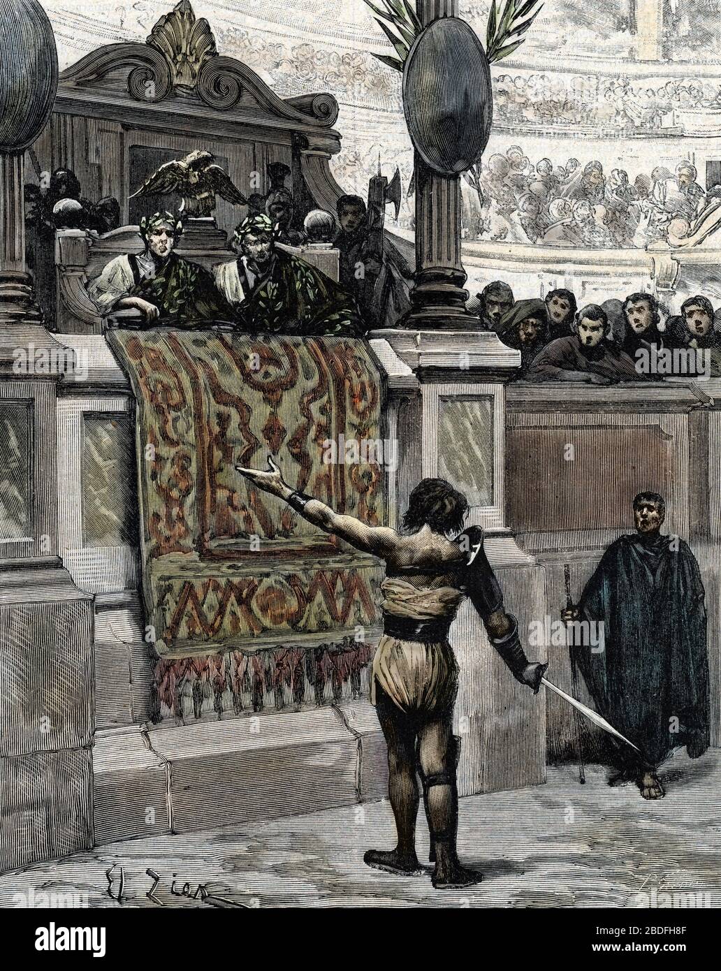 ROM Antique: "UN Gladiateur dans l'arene face aux empereurs Diocletien (244-311) et Maximien Hercule (250-310), 286 environ" (altes rom: Ein Gladi Stockfoto