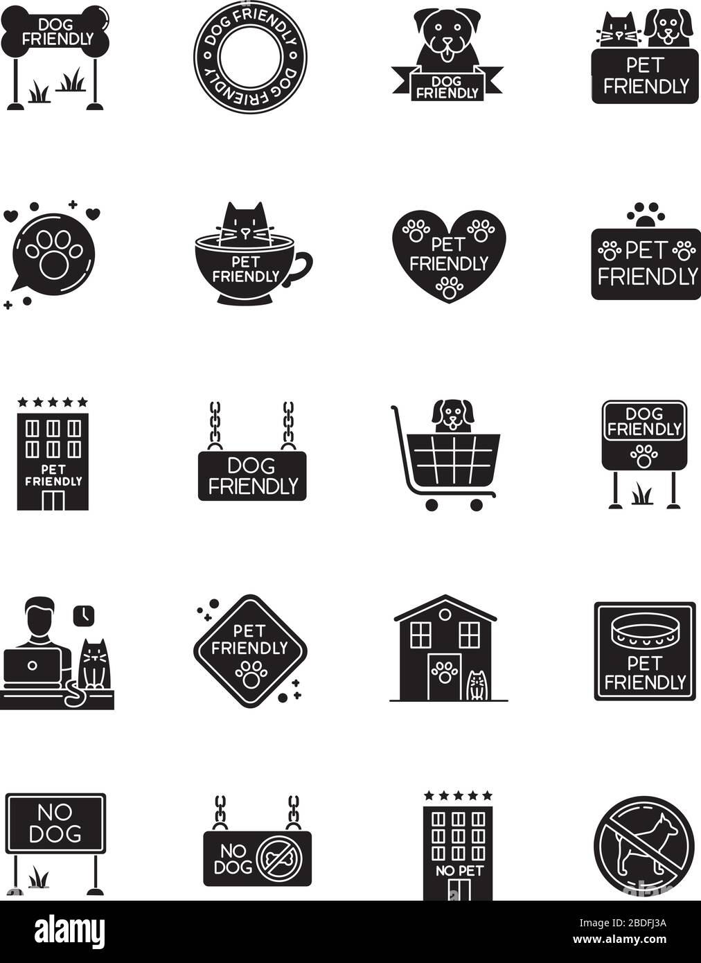 Hundefreundliche und keine Tierschilder schwarze Glyph-Symbole auf weißem Raum. Katzen und Hunde erlaubten und verbotene Bereiche. Tiere sind willkommen und dürfen keine Zonen betreten Stock Vektor