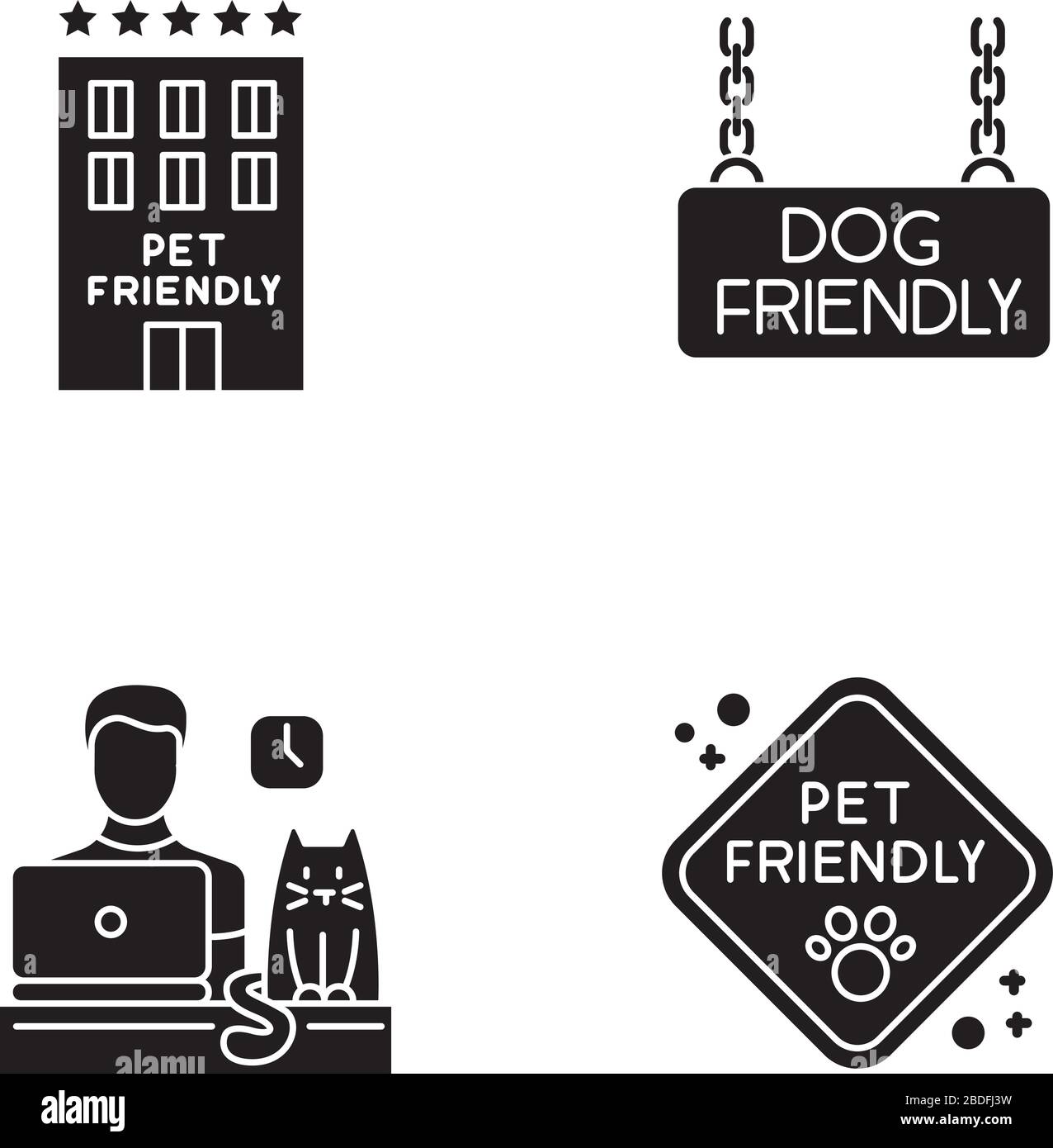 Haustierfreundliche Unternehmen schwarze Glyph-Symbole auf weißem Raum. Vierbeinige Freunde erlaubten Hotels und Büros. Tiere willkommen, Katzen und Hunde erlaubt Stock Vektor