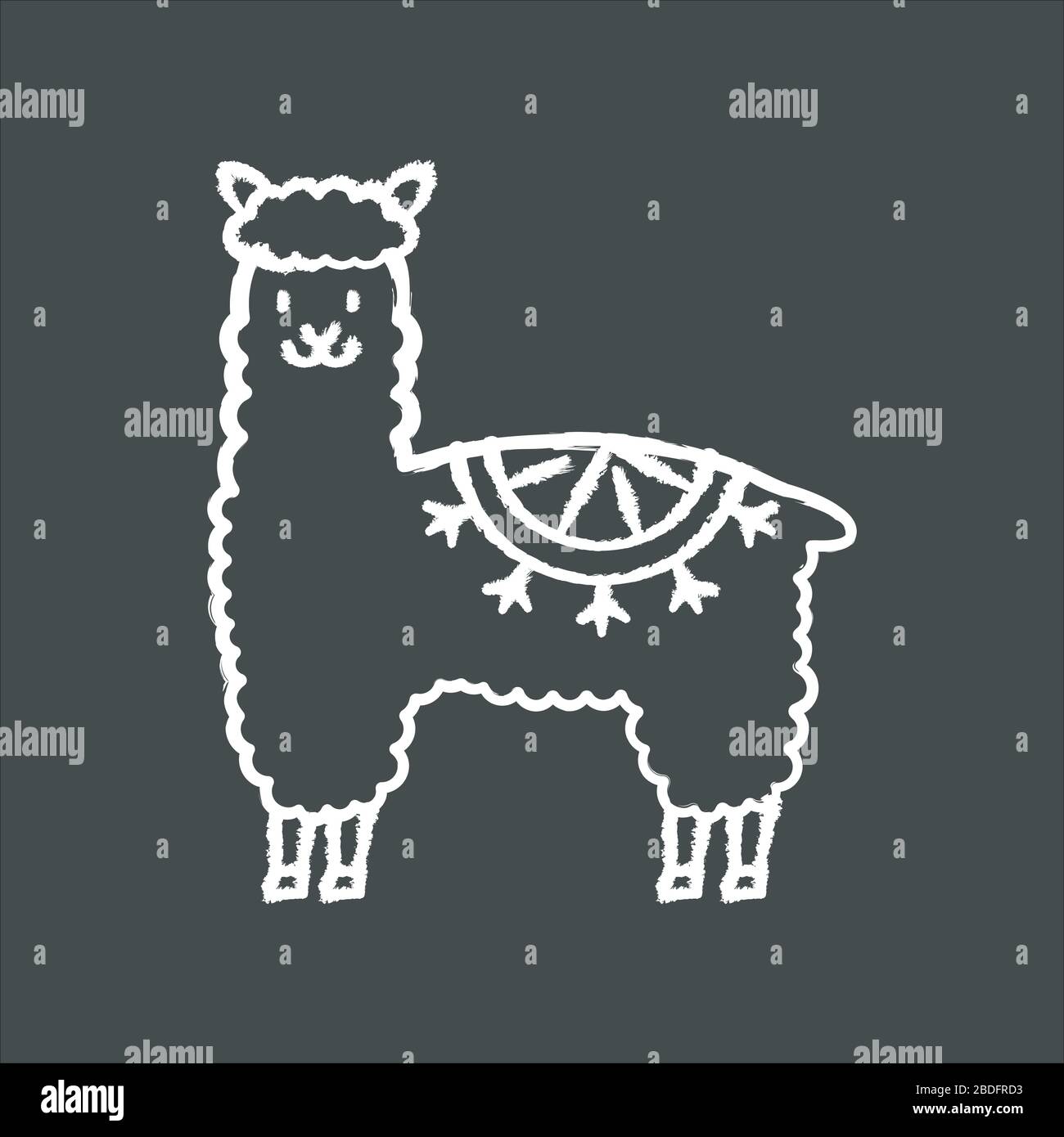 Alpaca Kreide weißes Symbol auf schwarzem Hintergrund. Peruanische domestizierte Lama. südamerikanisches wunderbares Kamelid. Eingehauchtes Wiederkäuertier aus Anden. Kamel Stock Vektor