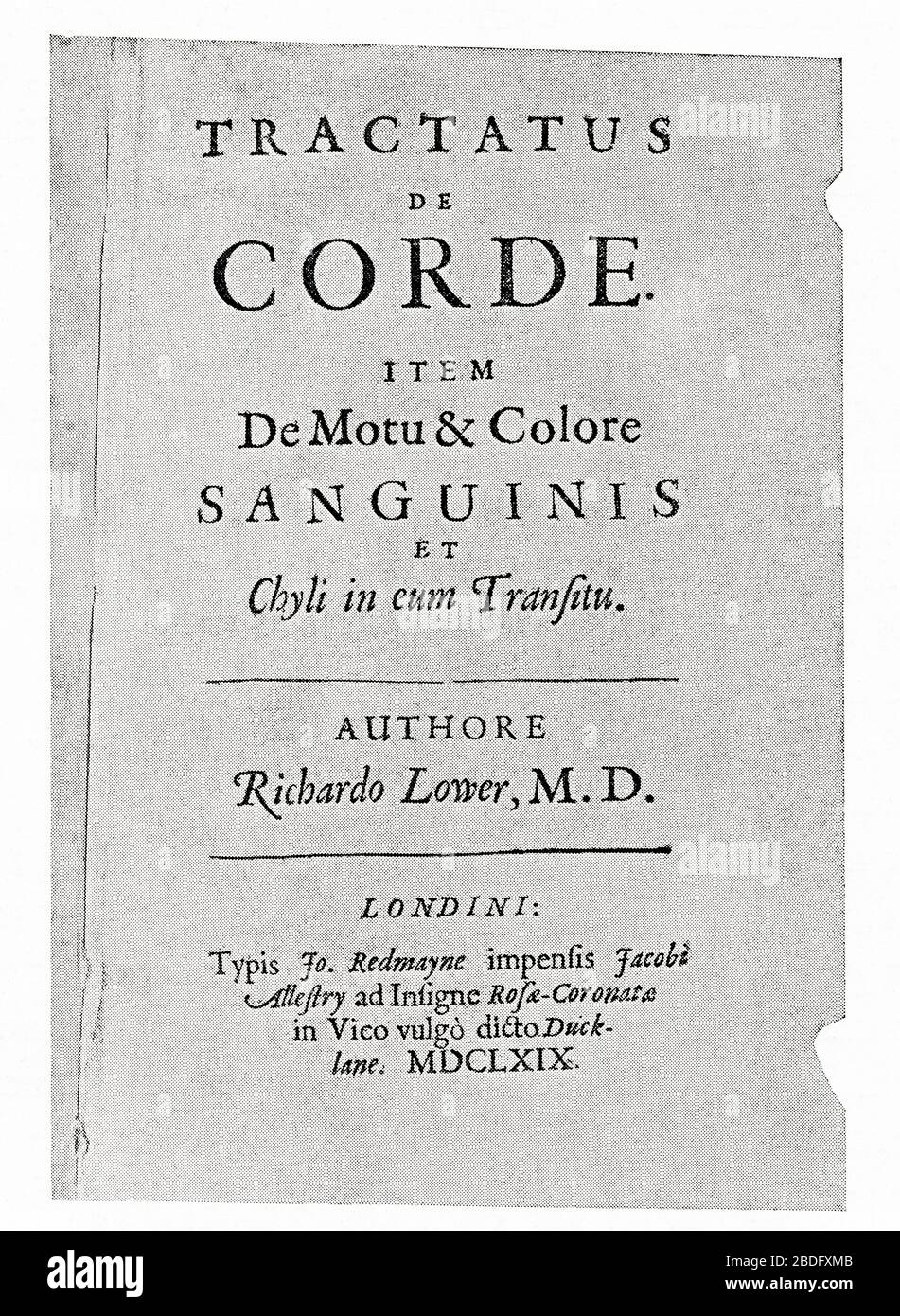 Titelseite von Lower's Buch über das Herz, 1669, Tractatus de Corde. Richard Lower, 1631 - 1691. Englischer Arzt. Aus ausgewählten Lesungen in der Geschichte der Physiologie, veröffentlicht 1930. Stockfoto