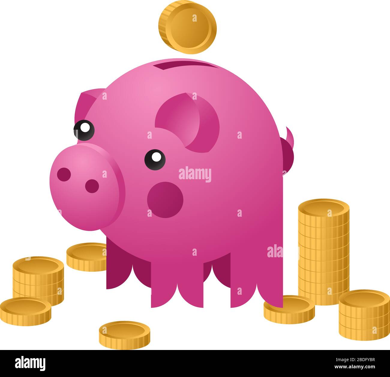 Moneybox in Form von Keramikschwein mit darin fallenden Münzen. Sparkonzept. Vektorgrafiken Stock Vektor